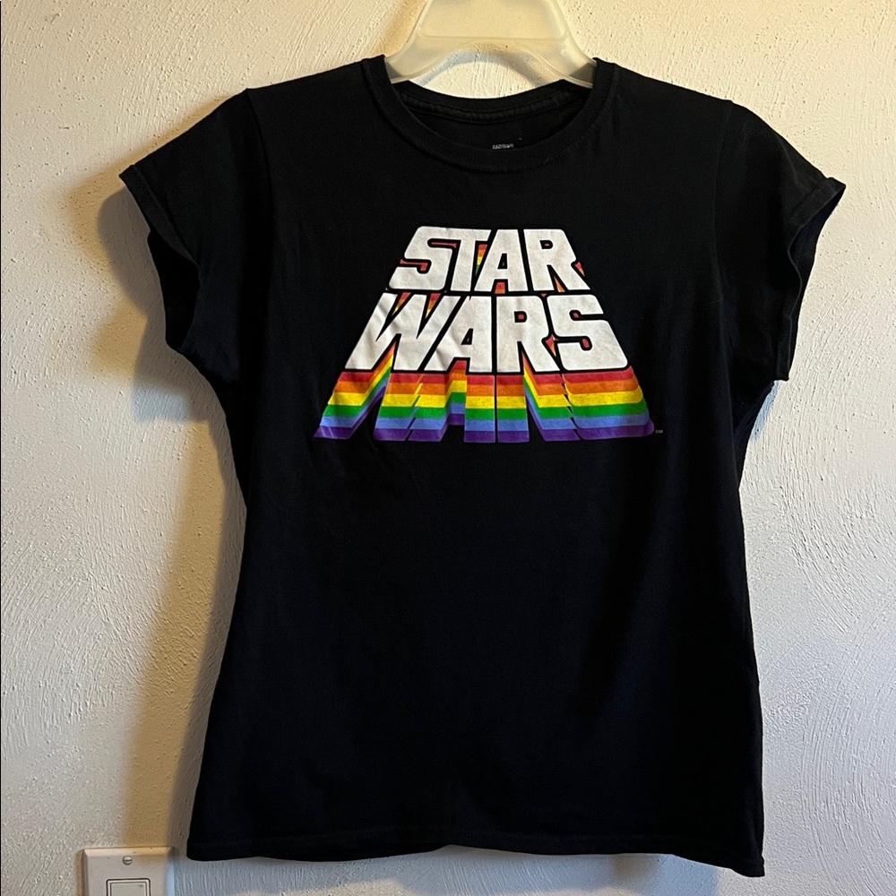 Star Wars Black Tee with Silver Rainbow Logo size medium in youth